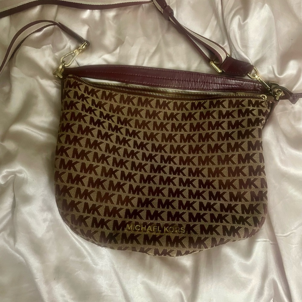 Michael Kors Burgundy and Brown MK Logo Crossbody Bag